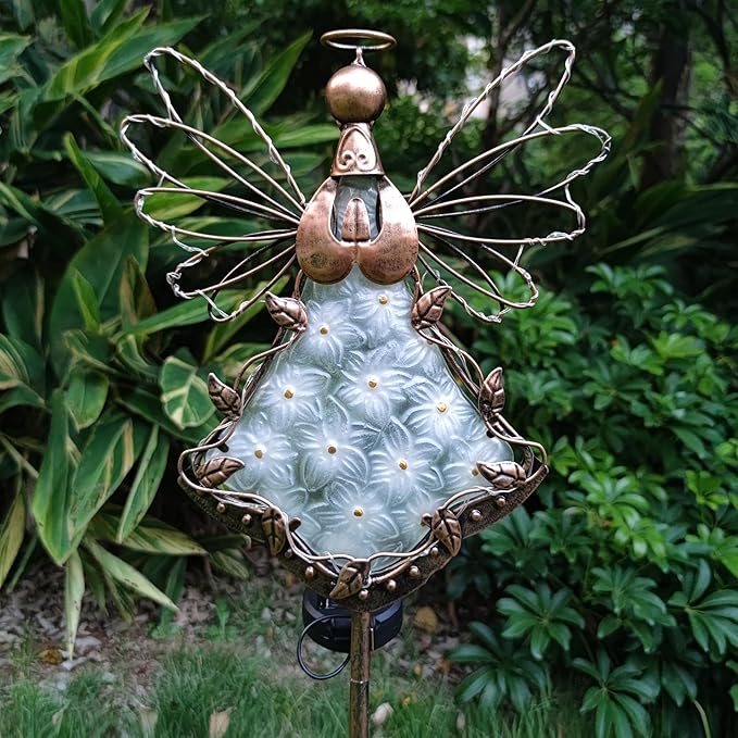 Angel Solar Lights Garden Stake Outdoor-38Inch Metal&Glass Solar Angel Stake Grave Decorations for Cemetery-Perfect as Angel Remembrance Gifts & Sympathy Gifts Decorations(Bronze)