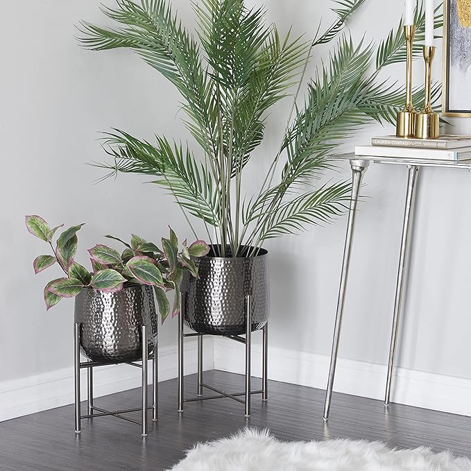 CosmoLiving by Cosmopolitan Metal Indoor Outdoor Planter Large Planter Pot with Removable Stand, Set of 2 Planters 19", 17"H, Black