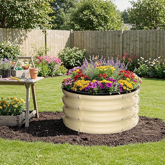 ZXZYHFTY Round Galvanized Raised Garden Bed kit,White Outdoor Garden Raised Planter Box, Round Large Metal Raised Garden Beds for Vegetable 2 * 2 * 1ft 2 Pcs