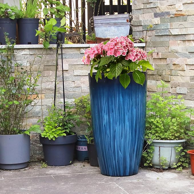 Worth Garden 23.5" H. Large Plastic Planters - Set of 2 Gradient Blue Glossy Smooth Finish - Tall Plant Pots for Indoor & Outdoor Use - Decorative Lightweight Flower Pots for Front Porch, Patio, Deck