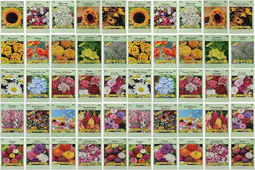 Set of 50 Flower Seed Packets! Flower Seeds in Bulk, 15 or More Varieties Available!