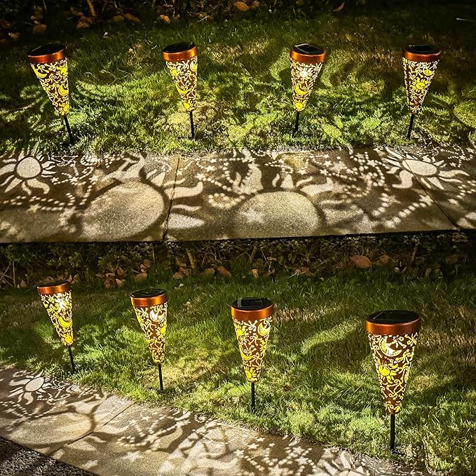 DIBIEECN 2 Pack Sun and Moon Solar Pathway Lights Outdoor,Metal Garden Decorations Outdoor Lights with Patterns and Warm Light,Waterproof Landscape Lighting for Path Patio Backyard Walkway Yard