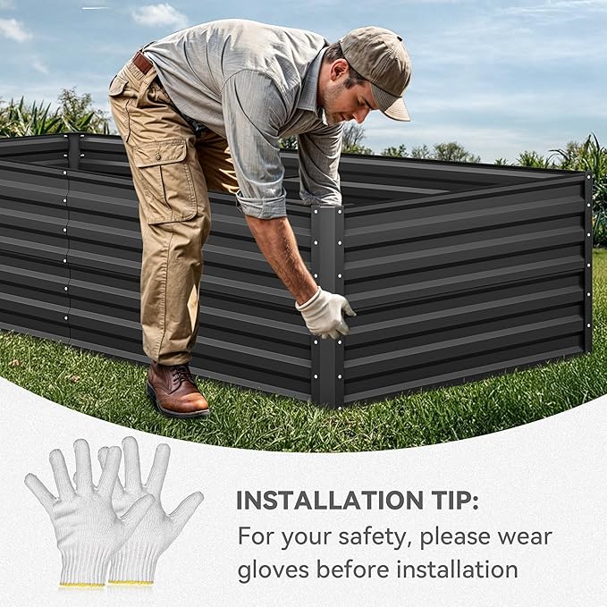 YITAHOME 96x48x24 in Galvanized Raised Garden Bed Kit, Large Metal Planter Box with Gloves, Safety Rubber & Support Rod, Outdoor Flower Bed for Plants Vegetables, Black