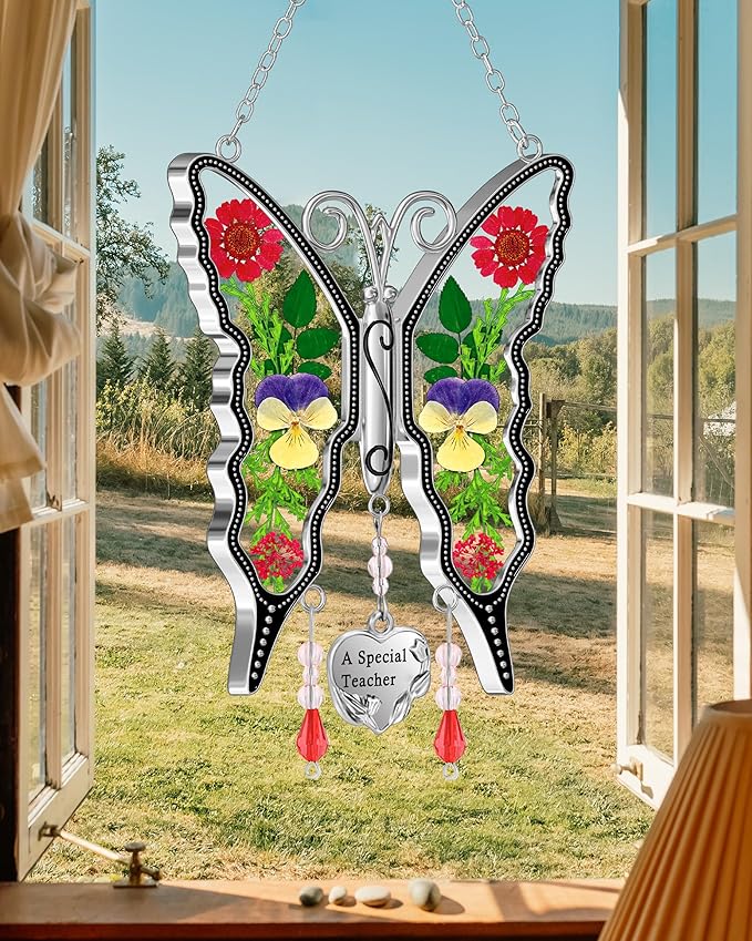 KY&BOSAM Butterfly Suncatcher A Special Teacher Stain Glass Suncatchers for Window Hanging Wind Chime with Pressed Flower Wings in Glass and Heart Charm Birthday Gift for Teacher`s Mother`s Day Gifts