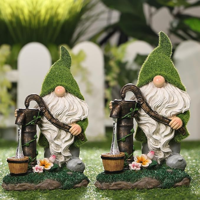 TERESA'S COLLECTIONS Resin Garden Gnomes Decor with Solar Lights, Green Outdoor Decorations for Porch Patio, Gifts for Women and Men,Outdoor Garden Decor Ornaments for Outside, 10"