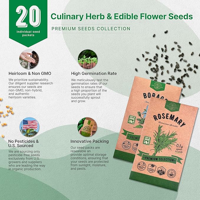 Organo Republic 20 Culinary Herbs & Edible Flower Seeds Variety Pack for Planting Indoor & Outdoor. 9500+ Non-GMO Heirloom Flower Garden Seeds: Basil, Borage, Echinacea, Lavender, Oregano Seeds & More