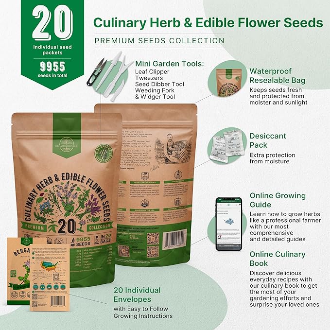 Organo Republic 20 Culinary Herbs & Edible Flower Seeds Variety Pack for Planting Indoor & Outdoor. 9500+ Non-GMO Heirloom Flower Garden Seeds: Basil, Borage, Echinacea, Lavender, Oregano Seeds & More