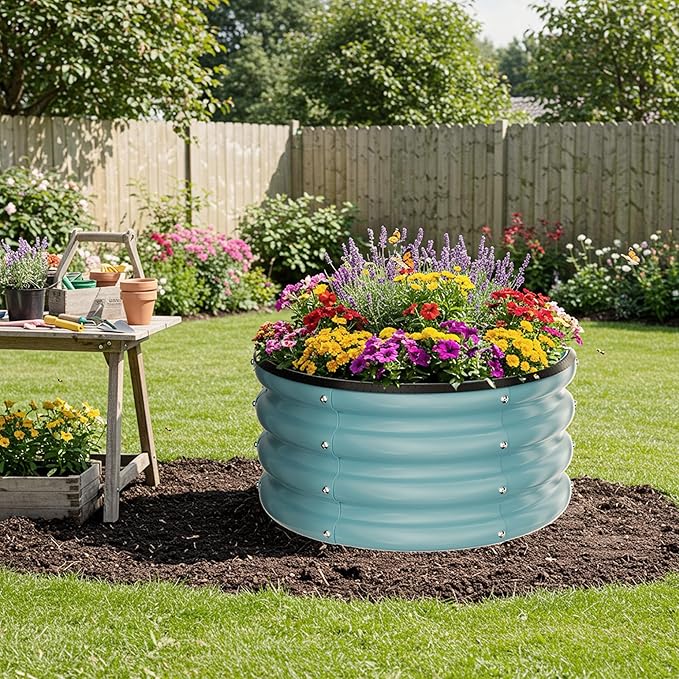 ZXZYHFTY Round Galvanized Raised Garden Bed kit,Blue Outdoor Garden Raised Planter Box, Round Large Metal Raised Garden Beds for Vegetable 2 * 2 * 1ft 2 Pcs