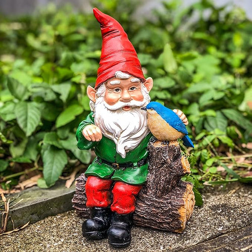 Garden Gnome Statues with Bird Resin Sculpture Gnome Sitting on The Stump Outdoor Statues for Outdoor Garden Decor