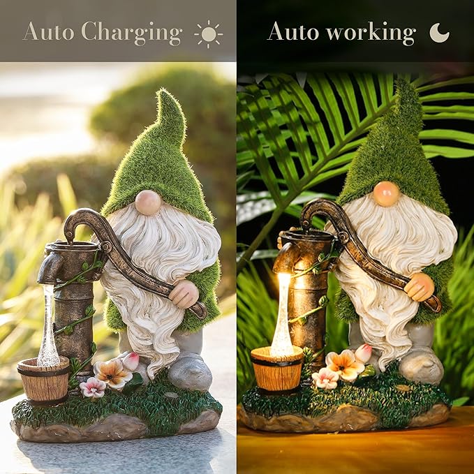 TERESA'S COLLECTIONS Resin Garden Gnomes Decor with Solar Lights, Green Outdoor Decorations for Porch Patio, Gifts for Women and Men,Outdoor Garden Decor Ornaments for Outside, 10"