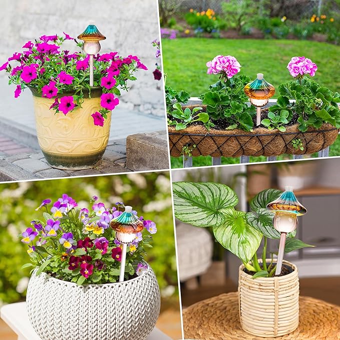 Plant Watering Globes Mushroom, Rainbow Gradient Color Glass Watering Bulbs, Self Watering Planter Insert, Self Watering Globes - Plant Watering Devices for Travel Vacation (4 PCS)