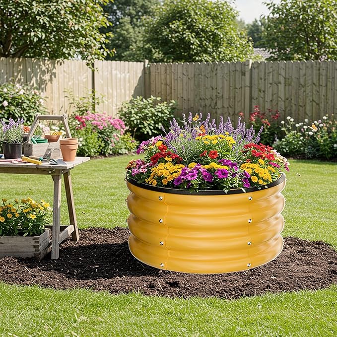 ZXZYHFTY Round Galvanized Raised Garden Bed kit,Yellow Outdoor Garden Raised Planter Box, Round Large Metal Raised Garden Beds for Vegetable 2 * 2 * 1ft 1 Pack