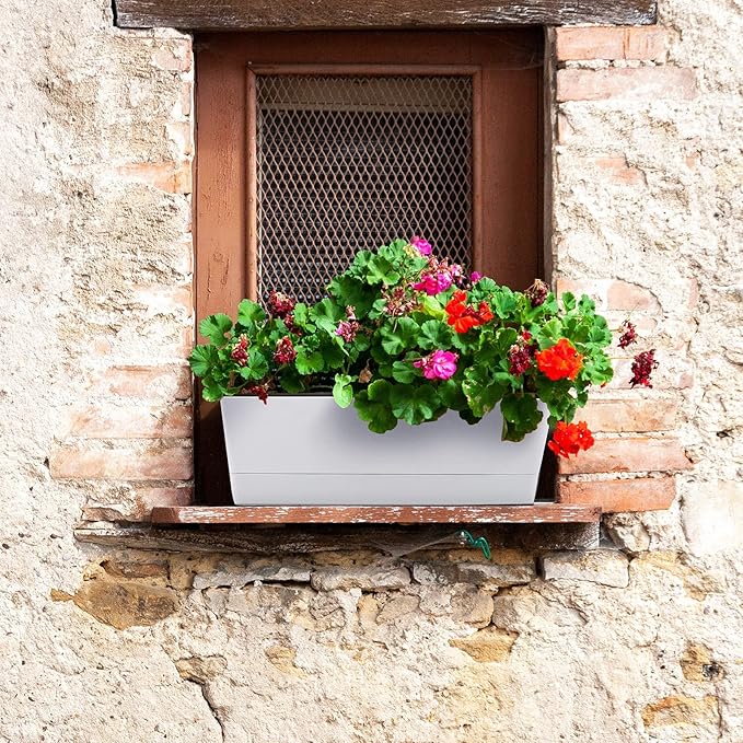 GREANER Flower Boxes, 3 Pack 12x3.8 Inch Rectangle Window Boxes, Herb Planters with Tray, Indoor Succulent Cactus Flowers Plastic Drawable Pot for Windowsill, Garden, Balcony, Office Outdoor (White)