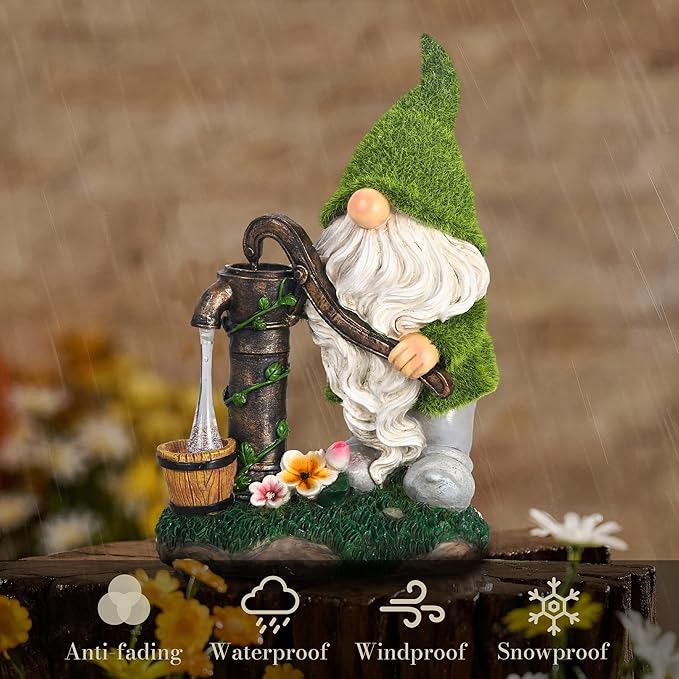 TERESA'S COLLECTIONS Resin Garden Gnomes Decor with Solar Lights, Green Outdoor Decorations for Porch Patio, Gifts for Women and Men,Outdoor Garden Decor Ornaments for Outside, 10"