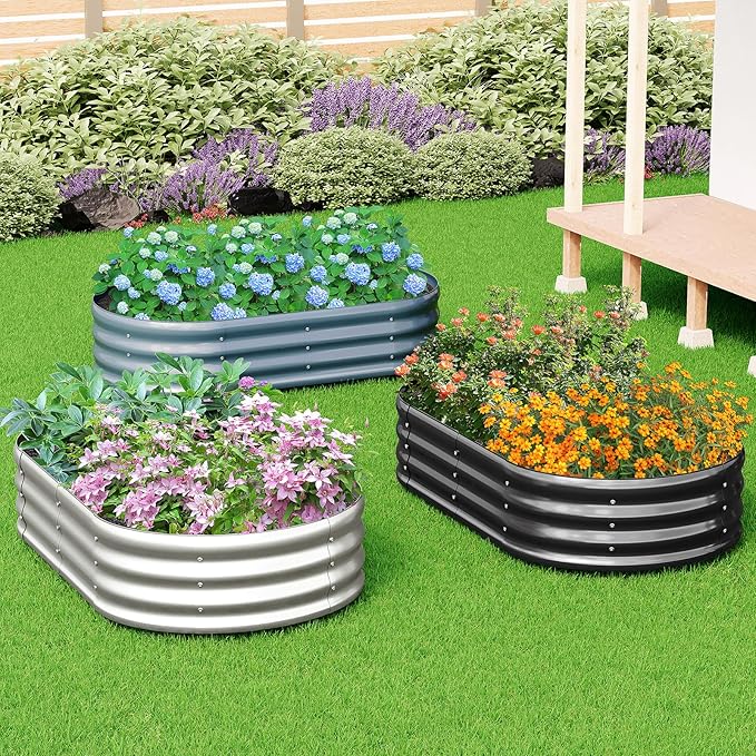 zizin Galvanized Raised Garden Bed Metal Oval Raised Garden Beds Outdoor Planter Box for Vegetables (12x2x1.3FT, Silver)