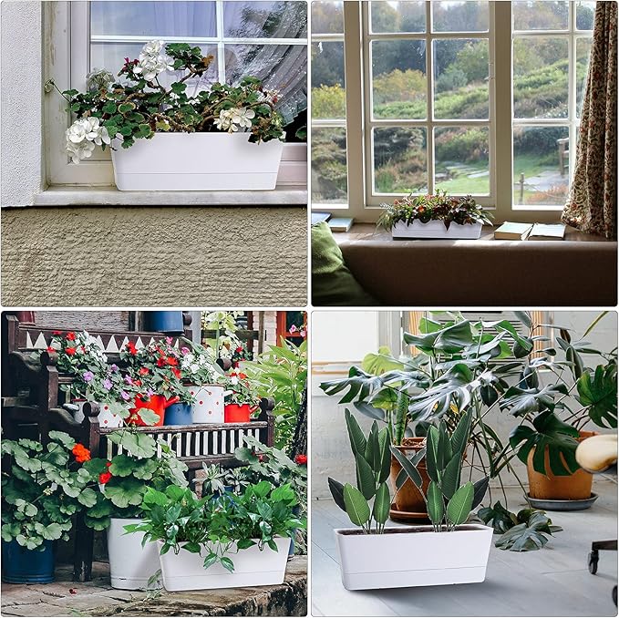 GREANER Flower Boxes, 3 Pack 12x3.8 Inch Rectangle Window Boxes, Herb Planters with Tray, Indoor Succulent Cactus Flowers Plastic Drawable Pot for Windowsill, Garden, Balcony, Office Outdoor (White)