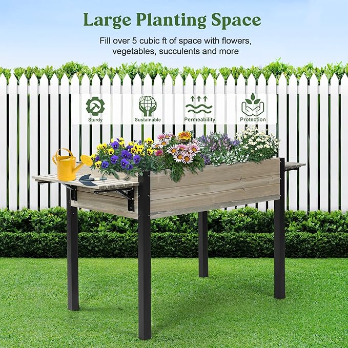 Raised Garden Bed, Metal Leg Wood Planter Boxes with Folding Storage Shelf,Elevated Planter Box for Growing Fresh Herbs, Vegetables, Flowers Great for Outdoor Patio, Deck, Balcony(Gray)
