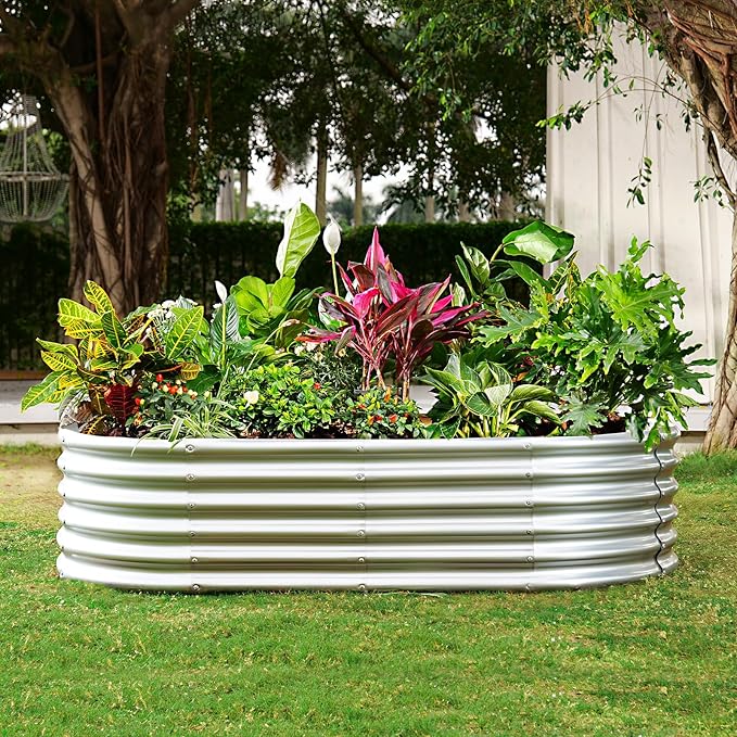 Land Guard Galvanized Metal Raised Garden Bed Kit, 8x4x1.5ft Large Planter Boxes Outdoor, Oval Gardening Box, Patio Garden Planter Box for Vegetables (Silver)