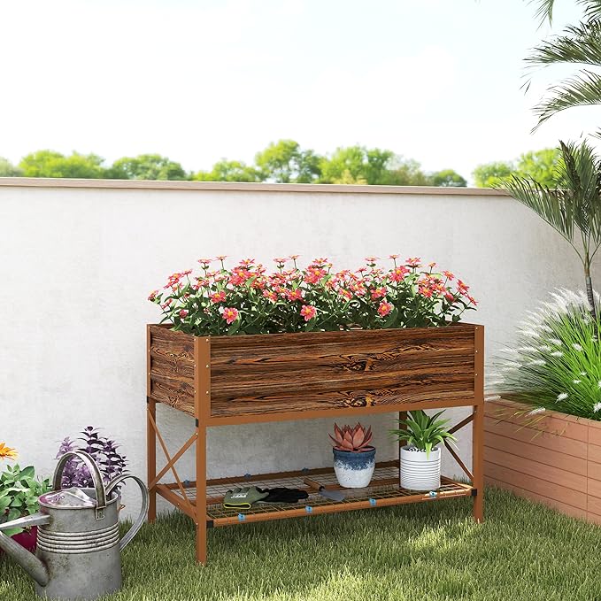 Outsunny Raised Garden Bed with Galvanized Steel Frame, Storage Shelf and Bed Liner, Elevated Planter Box with Legs for Vegetables, Flowers, Herbs, Dark Brown