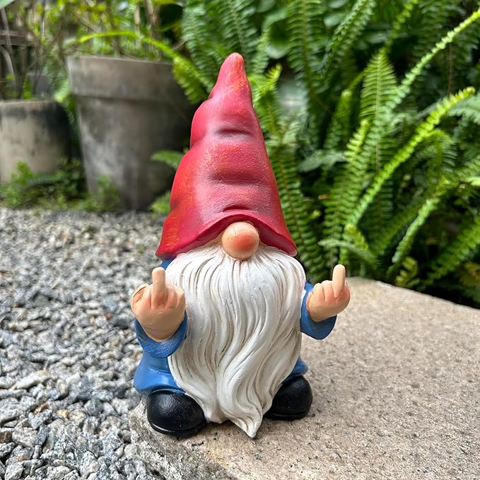 Middle Finger Gnome Statue 7.8in, Naughty Garden Gnome Statue Decoration and Lawn Ornament - Funny Garden Gnomes for Outdoor or Home Decor, Red, WSH004
