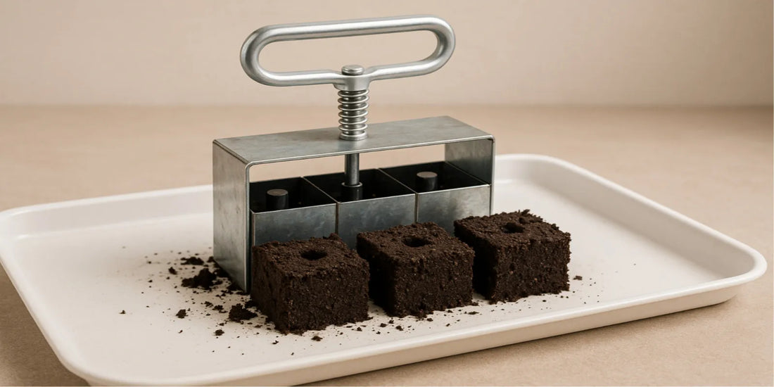 A metal soil blocker tool forming four 2-inch seed blocks on a white tray, each with a centered indentation, surrounded by loose soil.