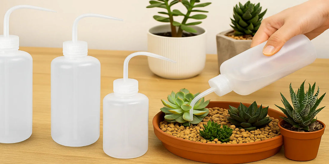 Three translucent 500 ml squeeze bottles with curved spouts, one in use watering succulents in a terracotta pot for precise root irrigation.