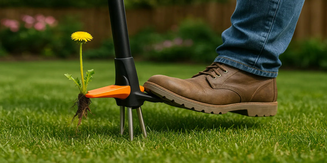 Gardener removing a dandelion with a stand-up weed puller; boot presses orange foot pedal on green lawn, roots visible.