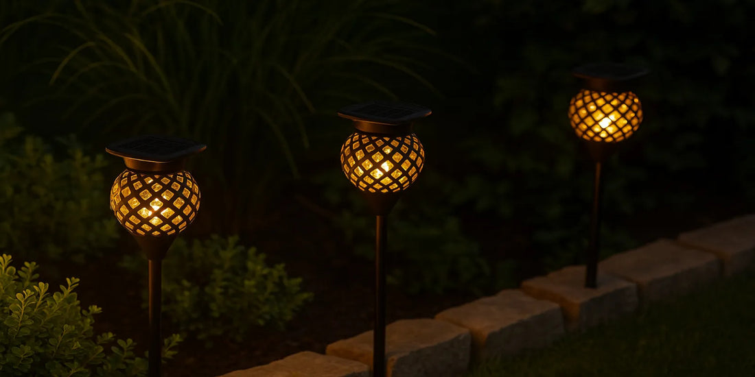 Three solar-powered garden lights with lattice metal shades cast a warm glow along a stone-bordered path, surrounded by lush greenery at night.