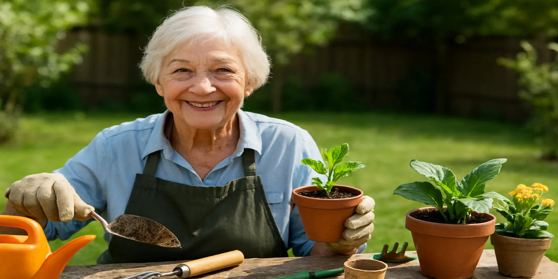 Smiling senior woman gardening outdoors with gloves, trowel, and potted plants, enjoying safe and easy low-strain gardening in bright sunlight.