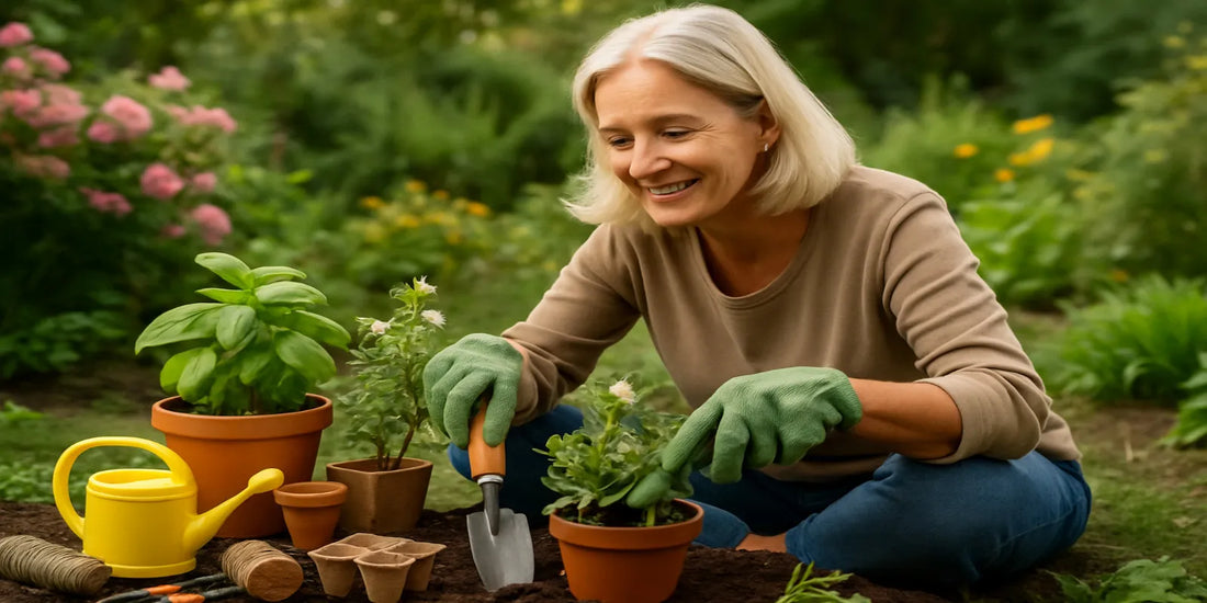 Smiling woman gardening outdoors, wearing green gloves and planting flowers in pots with tools, watering can, and plants in a lush sunny garden.