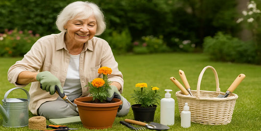 Elderly woman gardening outdoors, kneeling on grass while planting marigolds in a pot with tools, watering can, and basket nearby.
