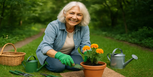Smiling elderly woman kneeling on grass, planting marigolds in a terracotta pot with gloves, tools, basket, watering cans, and garden path.