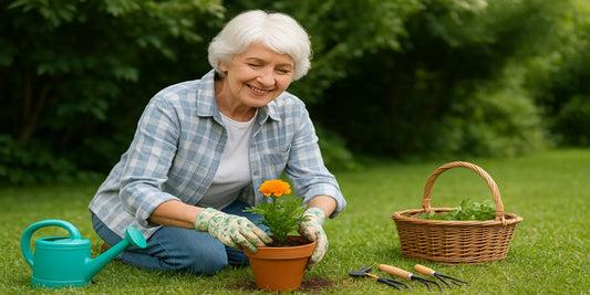 Elderly woman gardening outdoors, smiling while planting marigolds in a terracotta pot with gloves, tools, basket, and watering can nearby.