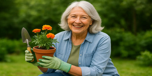 A smiling senior woman in green gloves holds a terracotta pot with marigold flowers and a trowel while gardening outdoors.