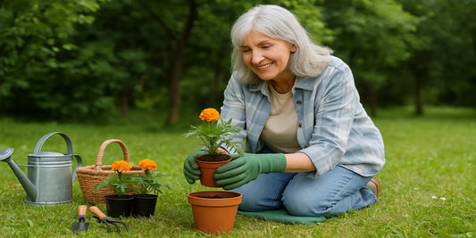 Elderly woman with silver hair kneeling in a garden, planting marigolds in a terracotta pot with tools, basket, and watering can nearby.