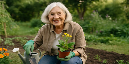 A smiling senior woman wearing gardening gloves holds a potted flower and trowel while kneeling in a vibrant green garden.