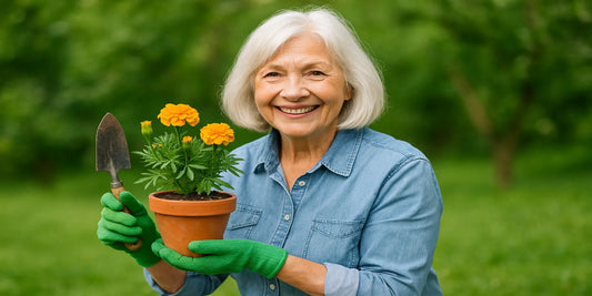 A smiling senior woman in green gloves holds a terracotta pot with blooming marigolds and a trowel while gardening outdoors.