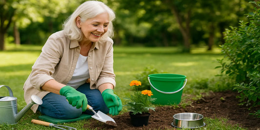 Smiling senior woman gardening outdoors, kneeling with gloves and using a small shovel beside blooming flowers and safe garden tools.