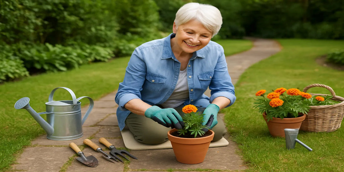 Smiling senior woman kneeling on a pad along a stone path, planting marigolds in a terracotta pot with gloves, tools, and watering can nearby.