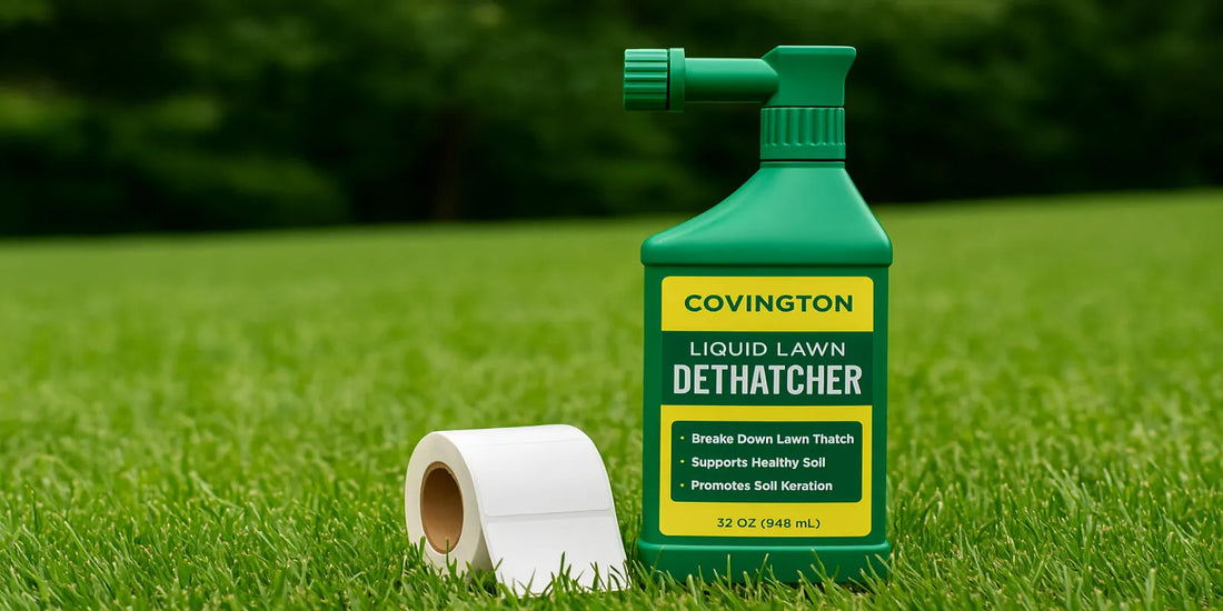 A 32 oz Covington Liquid Lawn Dethatcher bottle sits on green grass outdoors, designed for breaking down thatch and supporting healthy soil.