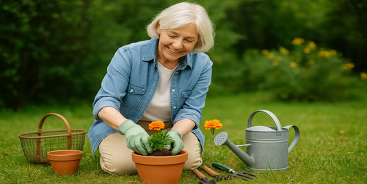 Elderly woman gardening outdoors, smiling while planting marigolds in a terracotta pot with gloves, watering can, and tools nearby.