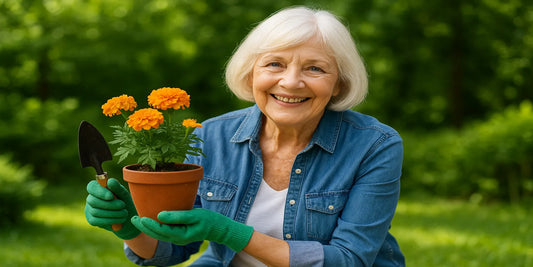 A smiling senior woman in green gloves holds a terracotta pot with blooming marigolds and a trowel while gardening outdoors.