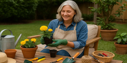 Smiling senior woman with gray hair gardens outdoors, wearing gloves and apron, planting yellow marigolds with tools on a wooden table.