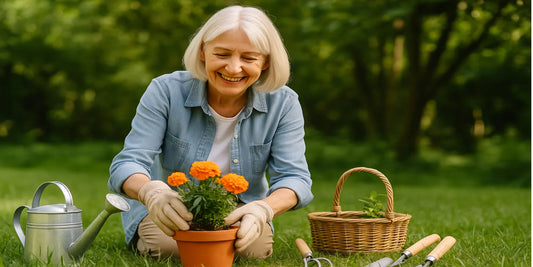 Elderly woman gardening outdoors, smiling while planting marigolds in a terracotta pot with gloves, basket, watering can, and tools nearby.