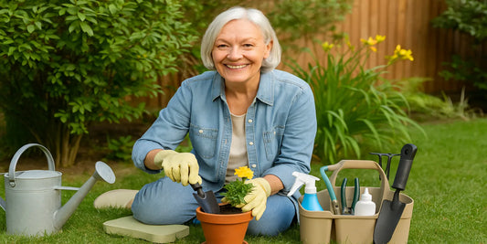 Smiling senior woman gardening outdoors, kneeling on a pad with gloves, small tools, and watering can, surrounded by flowers and greenery.