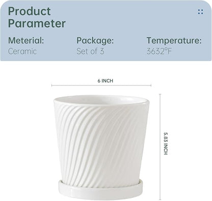 Ton Sin Plant Pots,White 6 Inch Flower Pots for Plants,Ceramic Planter with Drainage Holes,Indoor Planter Pots with Saucer,Outdoor Garden Pots (White, 4 Pack)