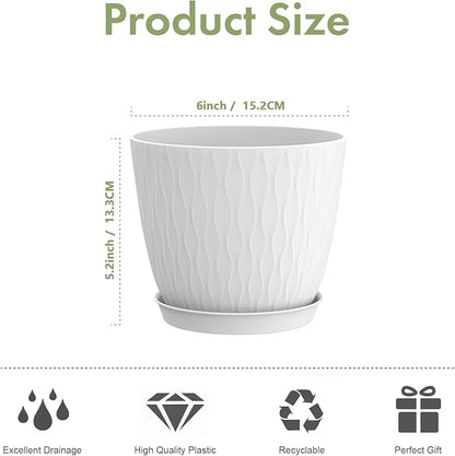 6 inch Plant pots, 12 Pack Modern Plastic Planters with Drainage Holes and Saucers for Repotting Indoor Plants and Flowers, White