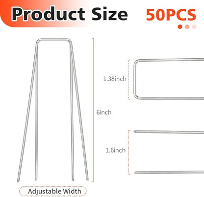 Landscape Staples, 50 Pcs Galvanized Garden Stakes, U-Shaped Tent Stakes, 6 Inch 11 Gauge Plant Cover Stakes, Anti-Rust Ground Sod Pins Yard Stakes for Landscape Weed Barrier Irrigation Tubing