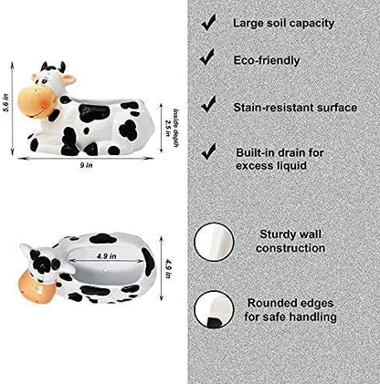 Cow Planter Pot - Cow Print Party Decoration Supplies - Garden Backyard Cow Stuff Statue - Flower Ceramic Succulent Planter - Plantador de Vacas - Large 9" with Drain