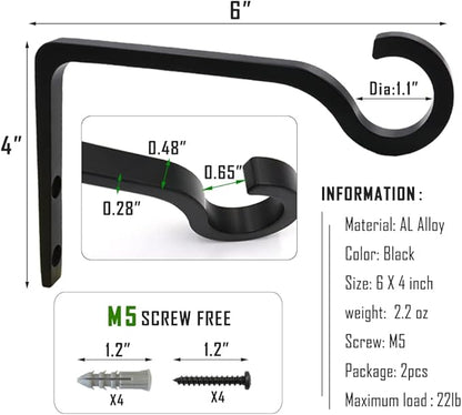 Hanging Plant Bracket 6inch Metal Plant Hook Shepherds Hook Decorative Wall Plant Hanger for Hanging Lanterns, Bird Feeder, Flower Basket, Home Decor Indoor & Outdoor 2 Pack (Black)